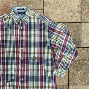 Tommy Hilfiger Colorful Plaid Golf Long Sleeve Button Up T Shirt Size Large